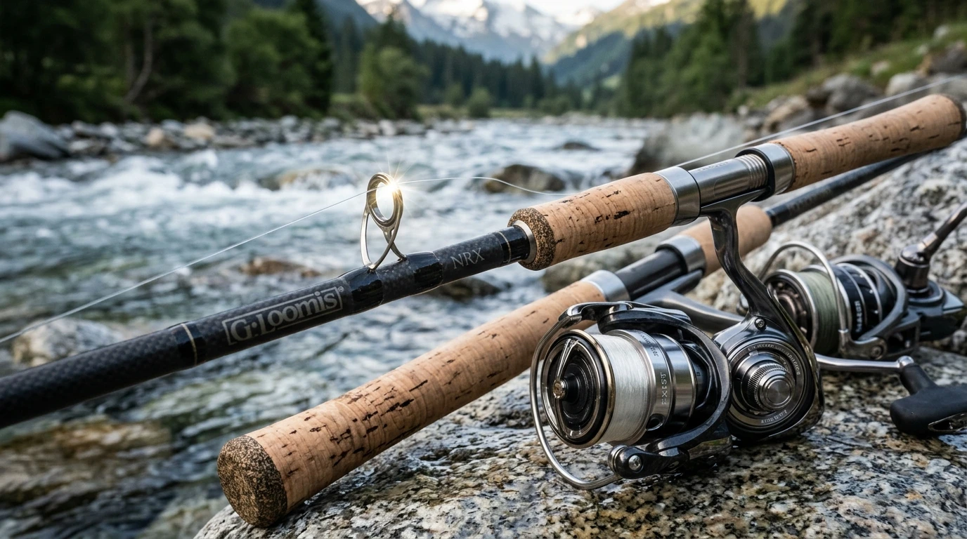 High-end spinning and drift rods paired with machined reels resting against granite boulders beside a clear alpine stream
