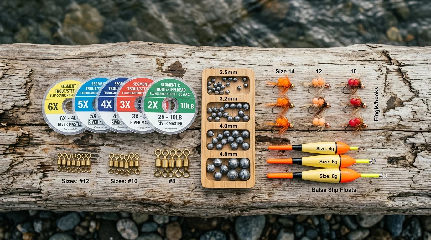 Top-down flat-lay of master trout and steelhead terminal tackle arranged on river driftwood